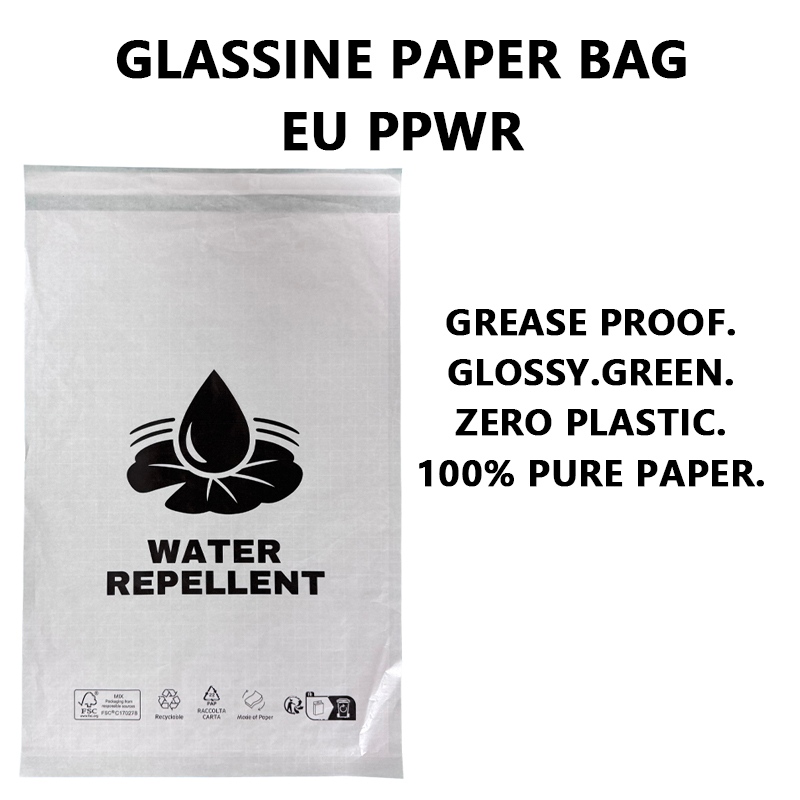 Water repellent glassine paper bag with 100% pure paper construction for sustainable packaging